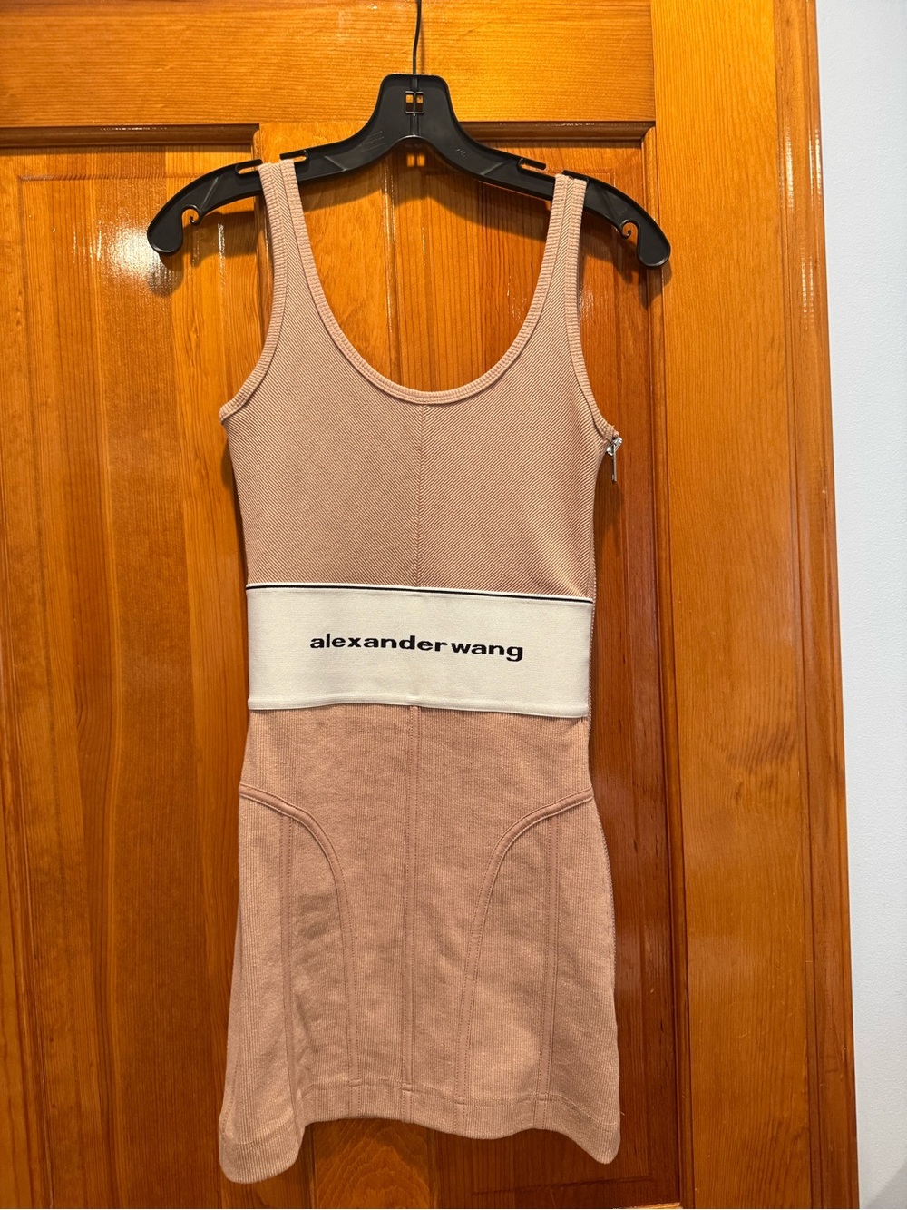 Alexander Wang Blush Pink Ribbed Tank Mini Dress with White Logo Band